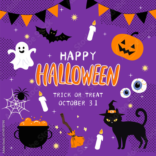 Halloween purple elements collection in flat design poster
