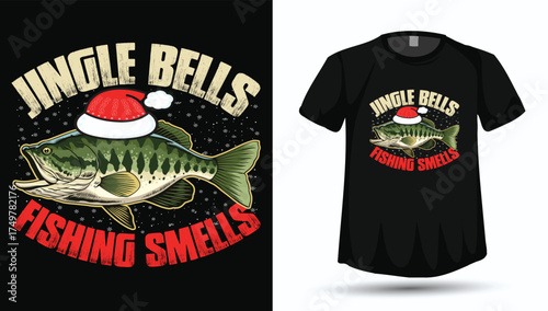Jingle Bells Fishing Smells - Funny Christmas Quote Bass Fish T-Shirt Design with Santa Hat