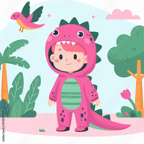 A cute cartoon child wearing a pink dinosaur costume with a happy face, surrounded by a whimsical landscape with a bird and trees.