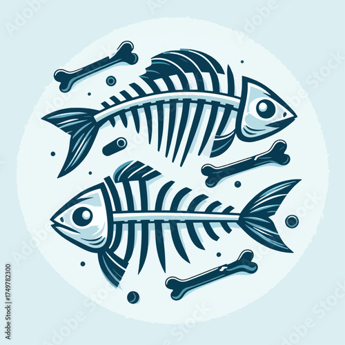 Two fish skeletons with bones in a circle on a light blue background.