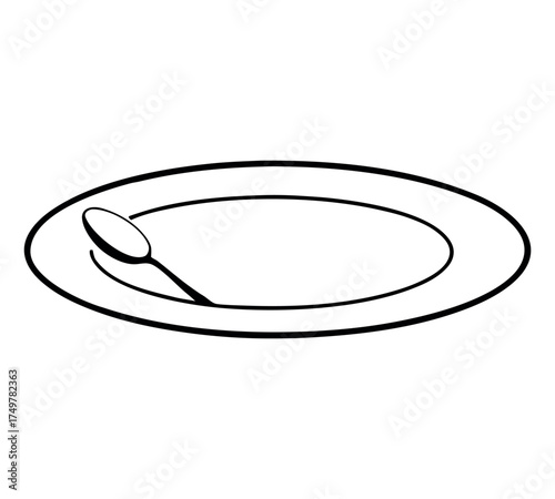 Empty dish line art vector, plate outline drawing, kitchen utensil sketch, clean minimal vector, restaurant serving design, black contour art, modern tableware element, food illustration