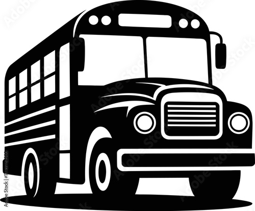 Classic American School Bus Black and White Woodcut