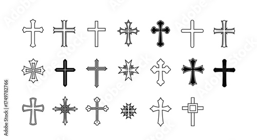 A diverse collection of religious and decorative cross symbols in various styles and designs.