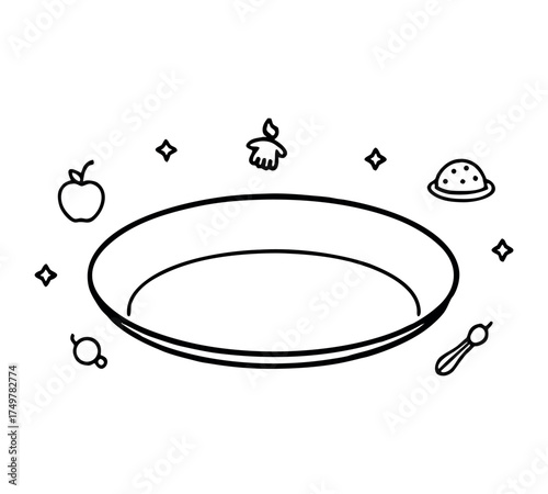 Empty plate line art vector, dinner dish outline, clean kitchen element design, restaurant serving sketch, minimal food art, black contour vector, modern simple drawing, cooking utensil