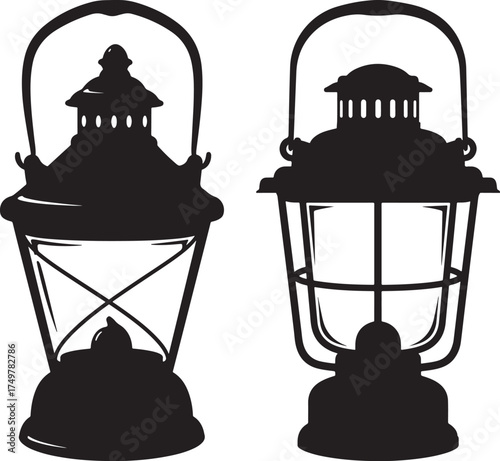 Two vintage kerosene oil lantern silhouettes isolated on white background