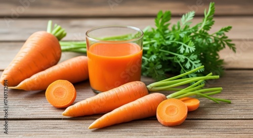 Freshly squeezed carrot juice alongside whole and sliced carrots on wood