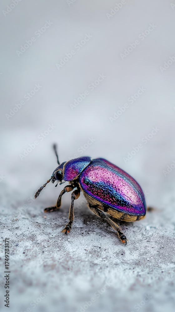 Fototapeta premium A close-up of a vibrant, iridescent beetle showcasing a stunning array of colors, resting on a textured surface.