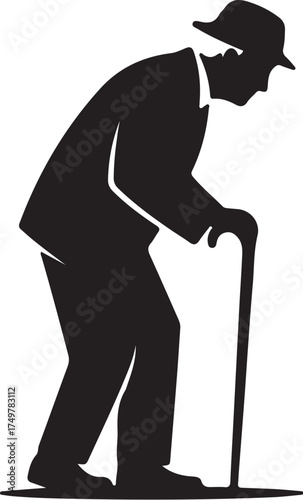 Silhouette of an Elderly Man with a Cane and Hat on a White Background senior also transparent background