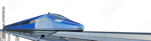 Sleek, glossy blue magnetic levitation train, isolated on a transparent background. 3D illustration.