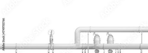 Gas infrastructure, including pipelines and automatic gate valves, isolated on a transparent background. Monochrome mock up. 3D illustration