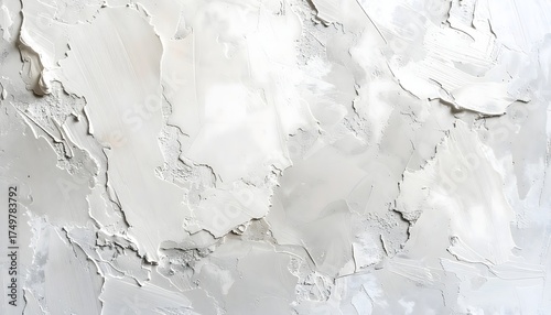 Flat lay background of cement plaster surface, rough unfinished texture with natural gray and white tones and cracks, artistic putty knife strokes