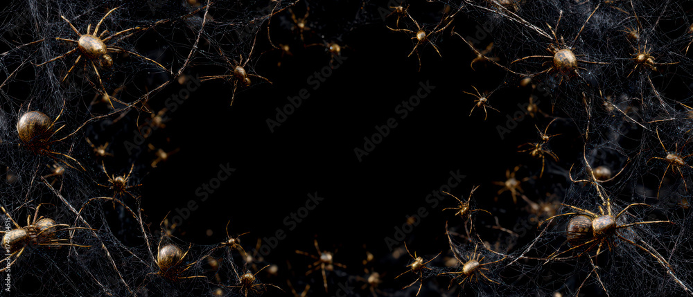 Fototapeta premium Dark Background with Creepy Spiders and Webs in Spooky Atmosphere