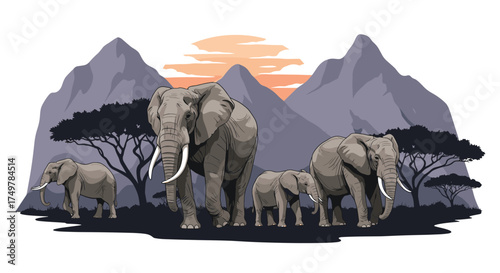 A herd of elephants walks across the savanna at sunset with mountains in the background.
