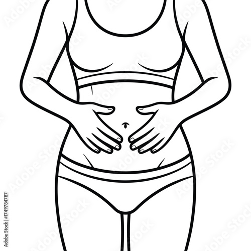 Line drawing of a woman s torso with hands on her stomach
