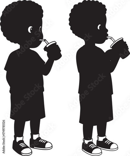 Two african american children silhouettes drinking from cups isolated on white background silhouette
