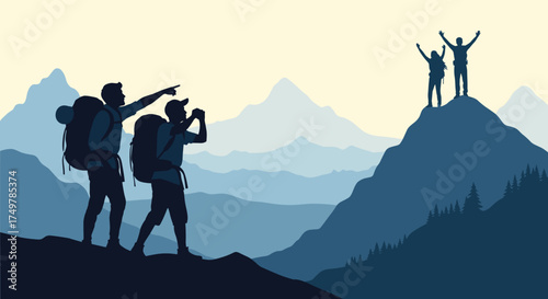 Hikers reaching mountain summit celebrating their successful outdoor adventure.