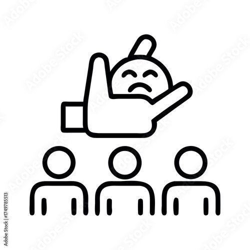 Disapproving hand gesture over a group of people symbolizing negative feedback or rejection