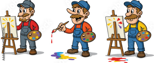 Cartoon male painter, painting process, creative stages, artist at work, colorful canvas, brush strokes, art studio, illustration sequence, creativity