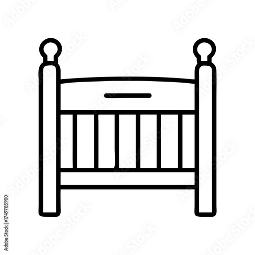 Simple line art illustration of a classic wooden baby crib
