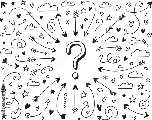 Doodle arrows with question mark in the center for infographic element exactly 130 characters including spaces and symbols allowed