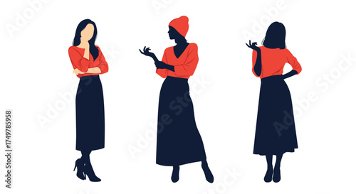 Three women dressed in elegant outfits are standing together in stylish poses, showcasing their fashionable clothing choices.