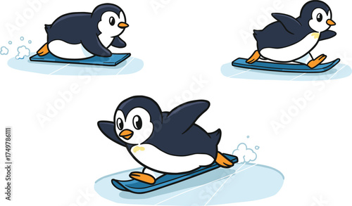 Cartoon penguins sliding on ice, winter fun illustration, playful motion, snow trail, animated character design, seasonal artwork, stock image
