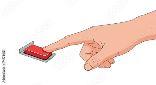 A human finger pressing a bright red button on a white background.