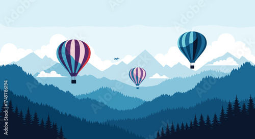 Three hot air balloons float serenely over a misty mountain range in a pixel art landscape.