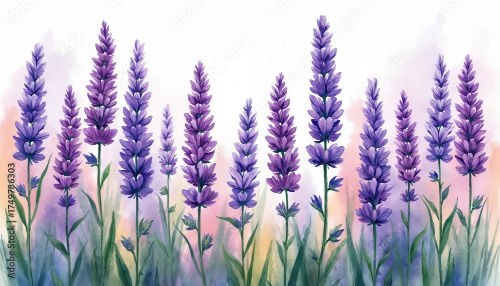 Naklejka premium Watercolor painting shows vibrant purple lavender flowers with green stalks. Soft pastel background blends pink, yellow, blue hues. Floral art creates calm, natural feeling. Illustration good for eco
