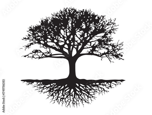 Serene Grounded Soul Tree Silhouette Symbolizing Peace in 2D Vector Line Art