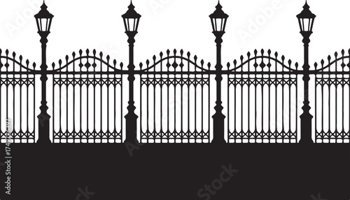 Decorative Iron Fence with Street Lamps
