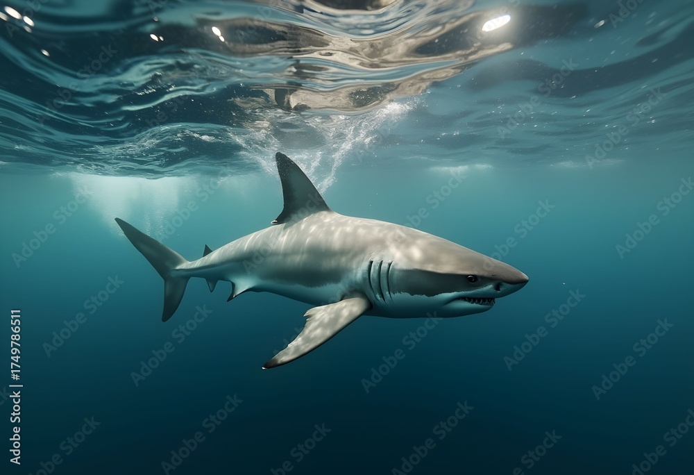 Naklejka premium Majestic Great White Shark Glides Through Deep Blue Waters