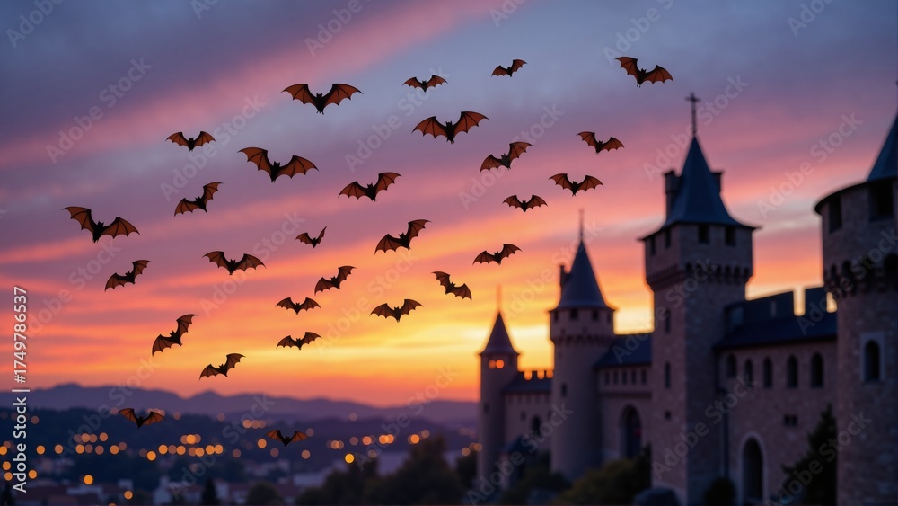 Obraz premium Bats flying over castle at sunset, silhouetted against vibrant sky. Soft, dreamy quality captures Halloween spirit, evoking cinematic atmosphere. Concept of magic and mystery.