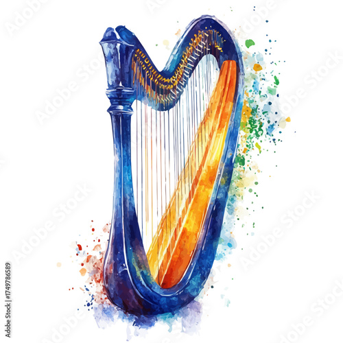 Harp, watercolor illustration vector, isolated on a white background.