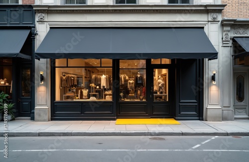 Modern storefront with black awning, glass windows. Fashion boutique with illuminated interior displays clothing, accessories. Yellow welcome mat at entrance. Urban city street with sidewalk, road in