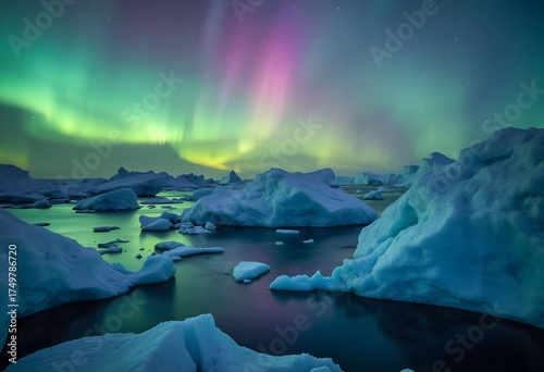 Aurora Borealis Lights Up a Glacial Iceberg Landscape