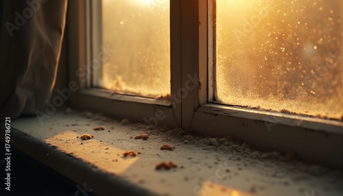  A Dusty Window Sill Bathed in Golden Light