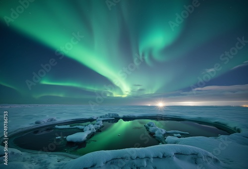 Aurora Borealis Lights Up a Glacial Iceberg Landscape