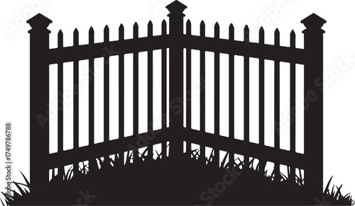 Silhouette Illustration of an Open Wooden Gate with a Picket Fence for Home Entrance or Garden Access and Yard Decor 130 Characters