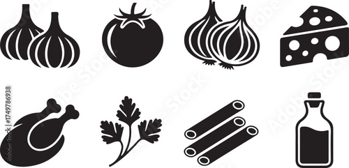 Culinary Ingredients in Black Silhouette Style Featuring Common Items Like Garlic, Tomato, Onion, Cheese, Chicken, Parsley, Pasta and Olive Oil