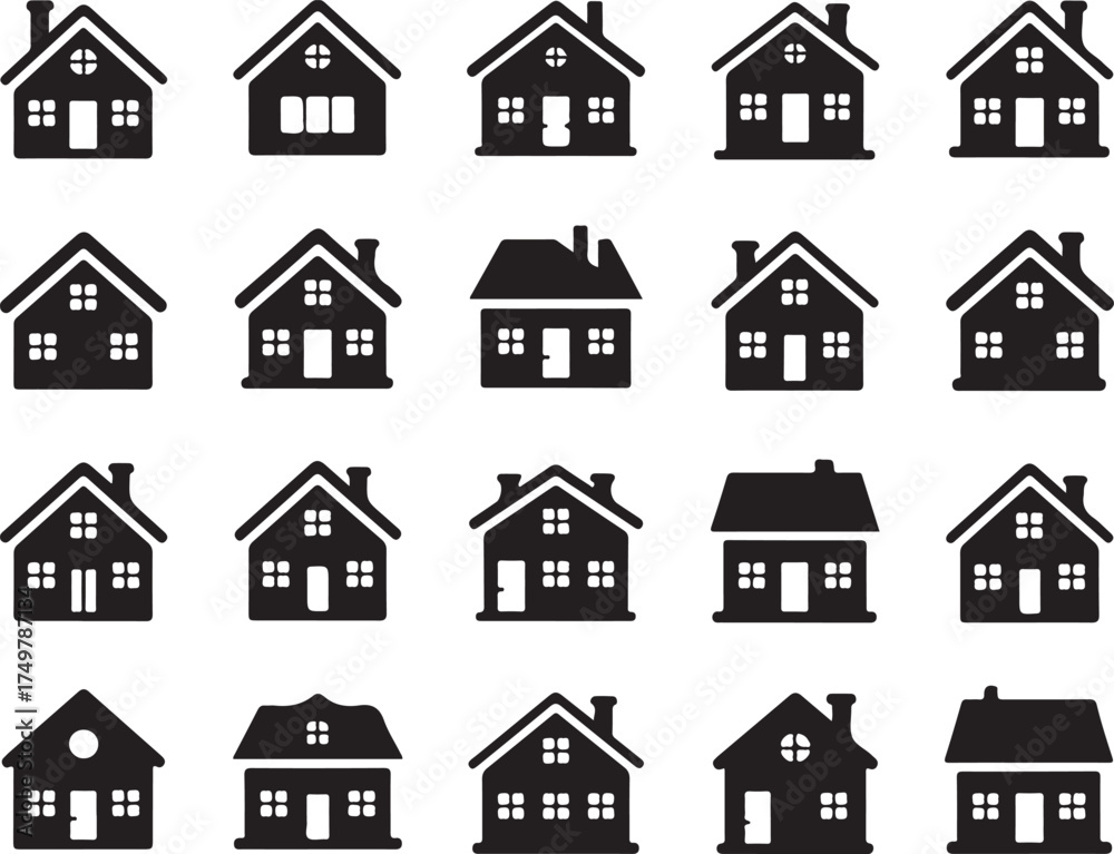 Fototapeta premium Collection of silhouette house vector icons featuring various architectural styles and residential building designs for estate, flat illustrations