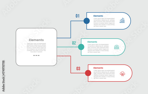3 elements infographic comparison diagram with round box with rectangle with line connection with 3 step for slide presentation