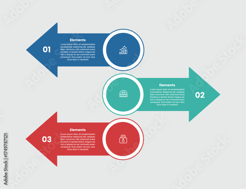 3 elements infographic comparison diagram with big circle and arrow box opposite direction with 3 step for slide presentation