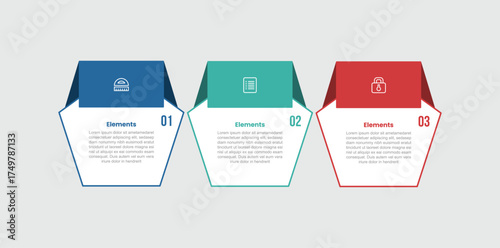 3 elements infographic comparison diagram with unbalance hexagon with ribbon shadow on top header with 3 step for slide presentation