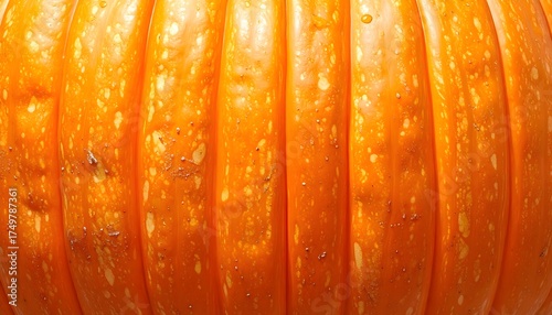 Flat top-down macro of bright orange pumpkin skin surface, strong vertical ridges, mottled texture and light specks, bold autumn background