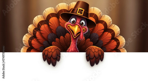Cartoon turkey wearing pilgrim hat, peeking over blank white sign, brown and orange feathers, Thanksgiving design, festive, celebratory
