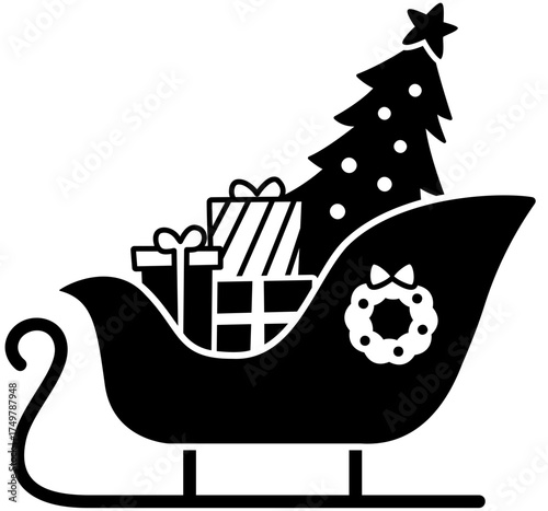 Sleigh filled with Christmas gifts and a Christmas tree silhouette vector.
Santa's sleigh with gifts black silhouette clipart art.
Transparent background.