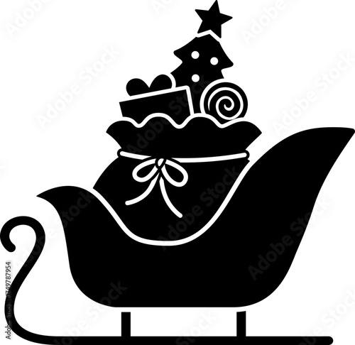 Sleigh filled with Christmas gifts and a Christmas tree silhouette vector.
Santa's sleigh with gifts black silhouette clipart art.
Transparent background.