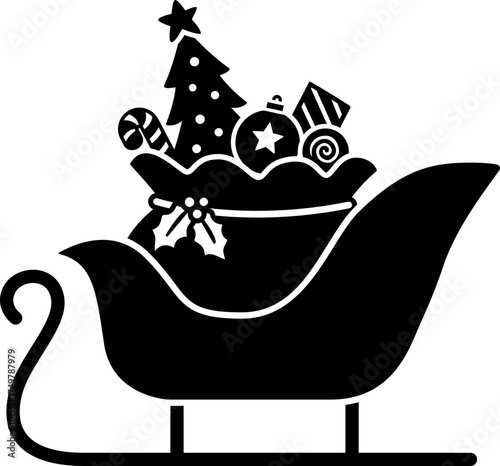 Sleigh filled with Christmas gifts and a Christmas tree silhouette vector.
Santa's sleigh with gifts black silhouette clipart art.
Transparent background.