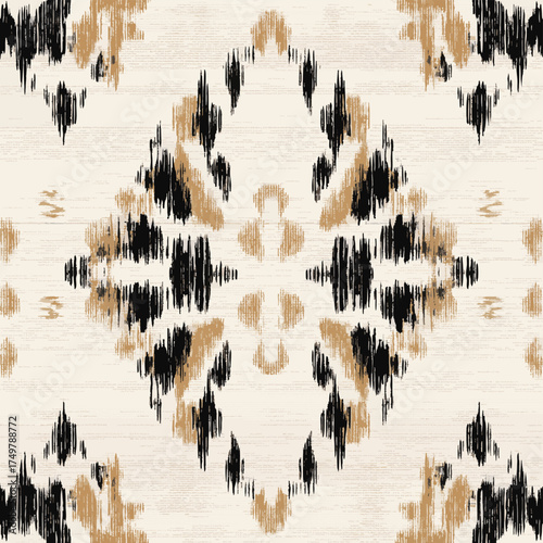 Small symmetrical strokes, their curves and lines forming an abstract animal print design in beige and black on a white background, grunge ikat pattern, stamp seamless pattern, linin texture.
